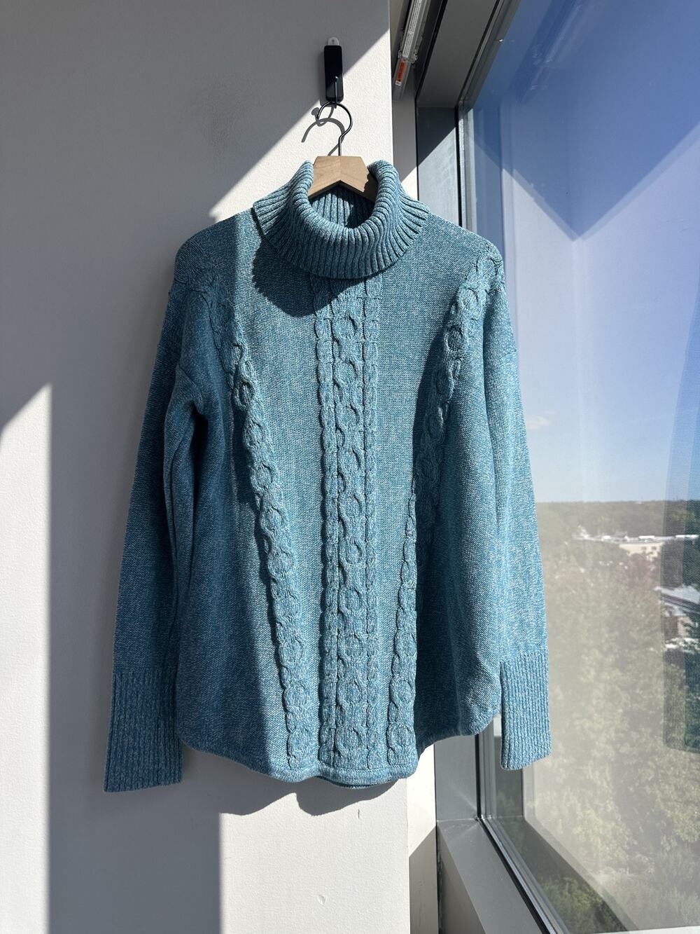 L.L.Bean Sweater Women's Cable Knit Turtleneck Turquoise Cotton Sz XL